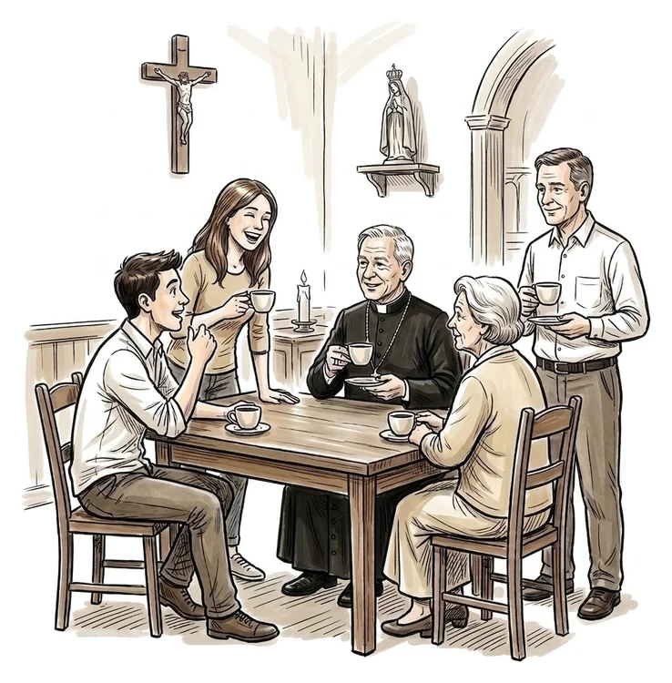 Católicos conversando e tomando café com um padre